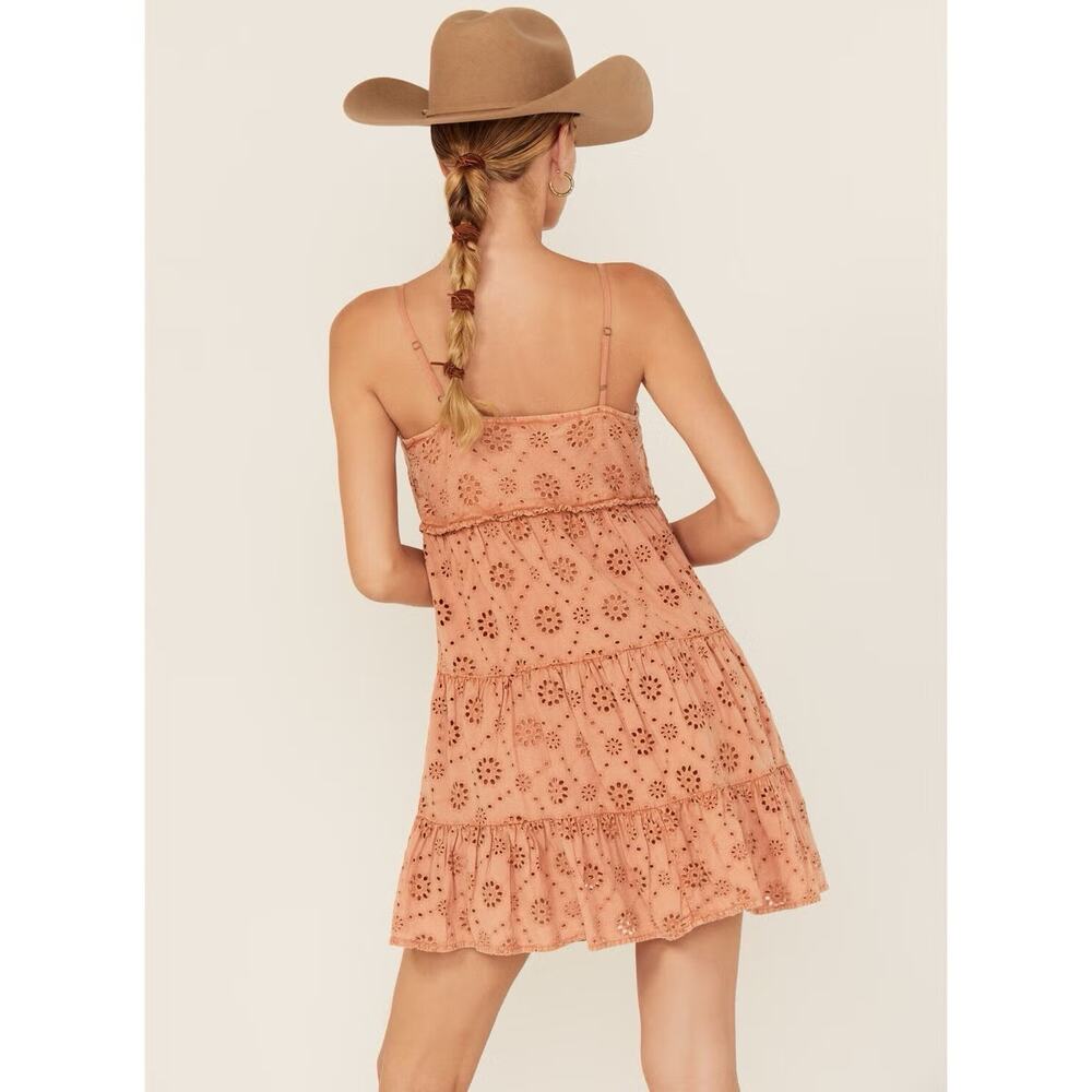 Rock and Roll Denim M Medium Eyelet Sleeveless Mini Dress Babydoll RUST Boho - Picture 2 of 14